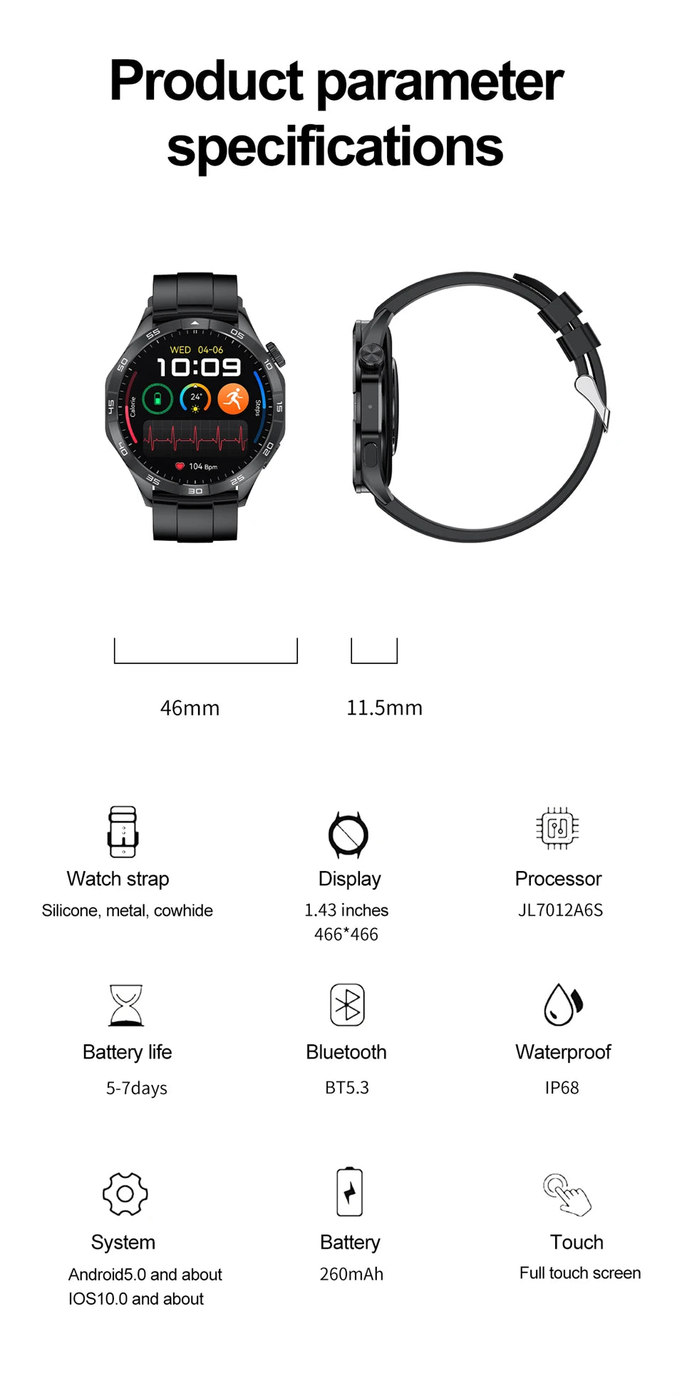 For Men Watch GT4Pro+ AMOLED Smartwatch Blood Oxygen Bluetooth Call Heart Rate IP68 Waterproof Sport Women Men SmartWatch 2024