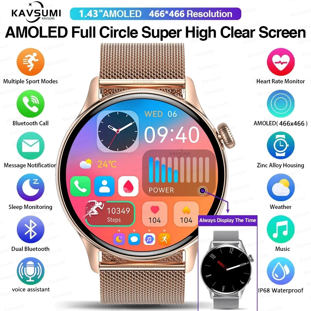 2024 Smartwatch Women 466*466 AMOLED 1.43" HD Screen Always Display Time Bluetooth Call IP68 Waterproof Sports Smart Watch Men