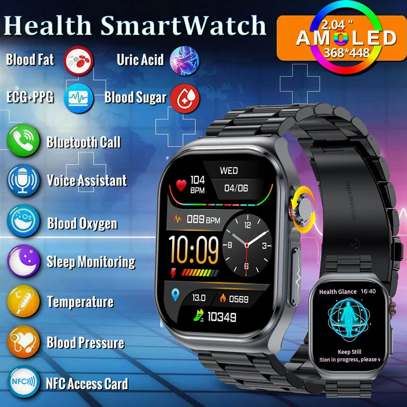 2024 New Medical Grade Smart Watch Men's Ecg Nfc Watches AMOLED Blood Glucose Oxygen Lipid Health Fitness Call Smartwatch Men