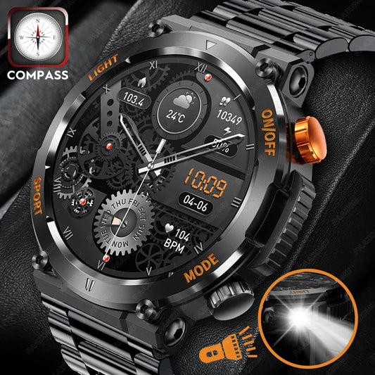 2024 New Compass Smart Watch LED Flashlight Outdoor Watches IP67 Waterproof Bluetooth Call Sports Fitness Tracker Smartwatch Men