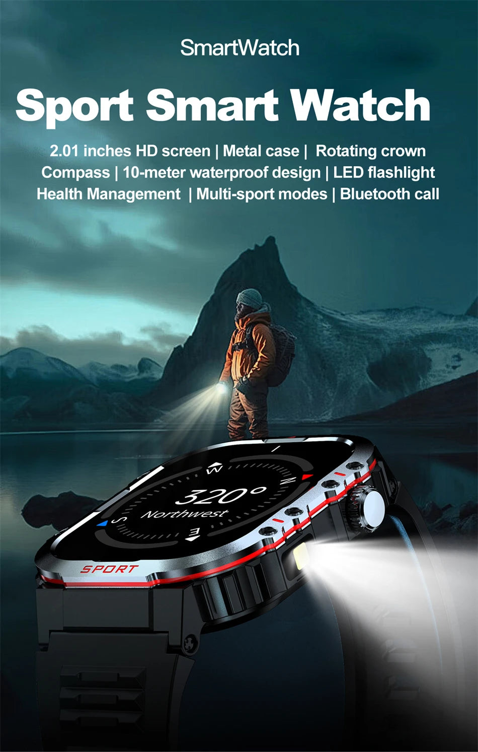 2024 Military Smart Watch Men 2.01 Inch HD Screen Waterproof Health Monitor Outdoor Sport Ai Voice Bluetooth Call Smartwatch