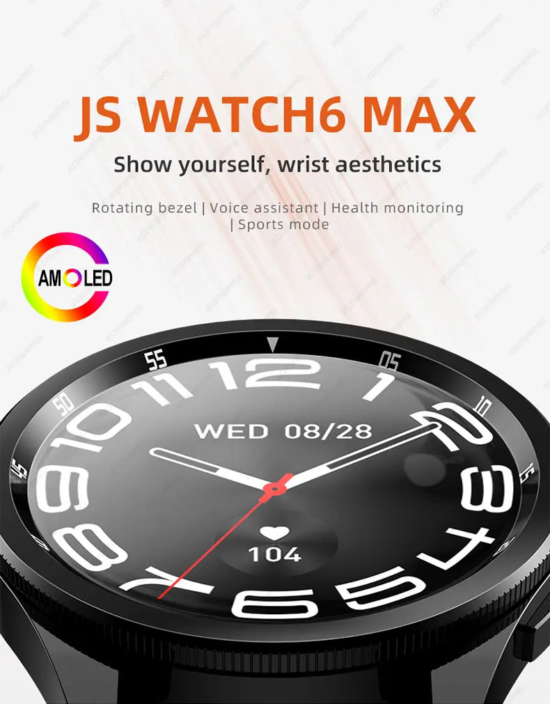 JS Watch 6 Max Classic AMOLED Smart Watch Men Rotating Bezel Compass Bluetooth Calls Heart Rate Blood Pressure Smartwatch 2024