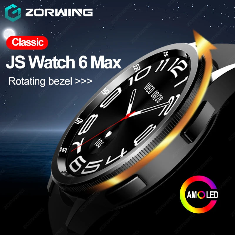 JS Watch 6 Max Classic AMOLED Smart Watch Men Rotating Bezel Compass Bluetooth Calls Heart Rate Blood Pressure Smartwatch 2024