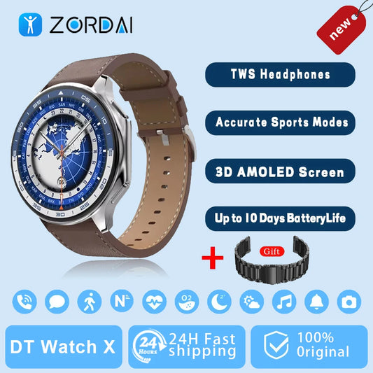 Zordai DT WATCH X AMOLED 4GB ROM Smart Watch Waterproof Men Women Smartwatch 2024 BT Call Earphone TWS Music UI AOD Mode Video