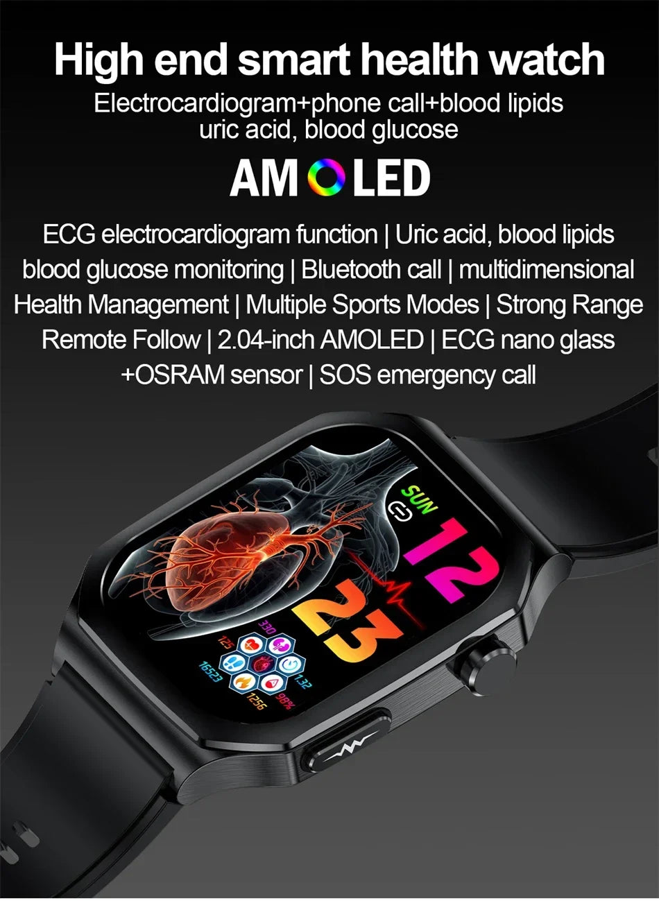 2024 Blood Glucose Uric Acid Blood Lipid Smart Watch AI Diagnostics ECG+PPG Smartwatch Men AMOLED HD Screen Clock Bluetooth Call