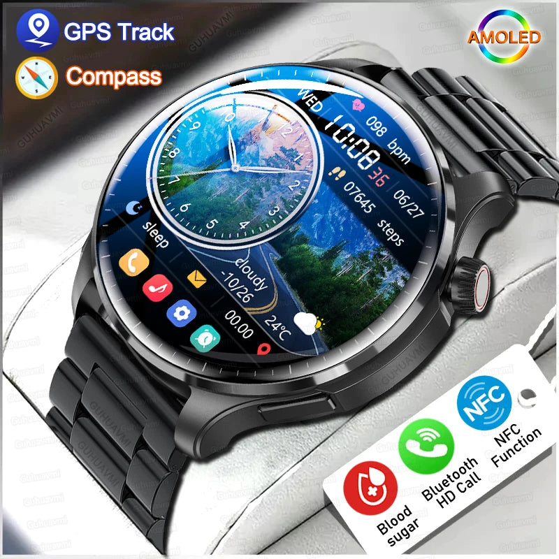 Men Smart Watch AMOLED Bletooth Call NFC Compass GPS Track Sport Watch Blood Sugar Women Smartwatch For Apple Samsung 2024 Man