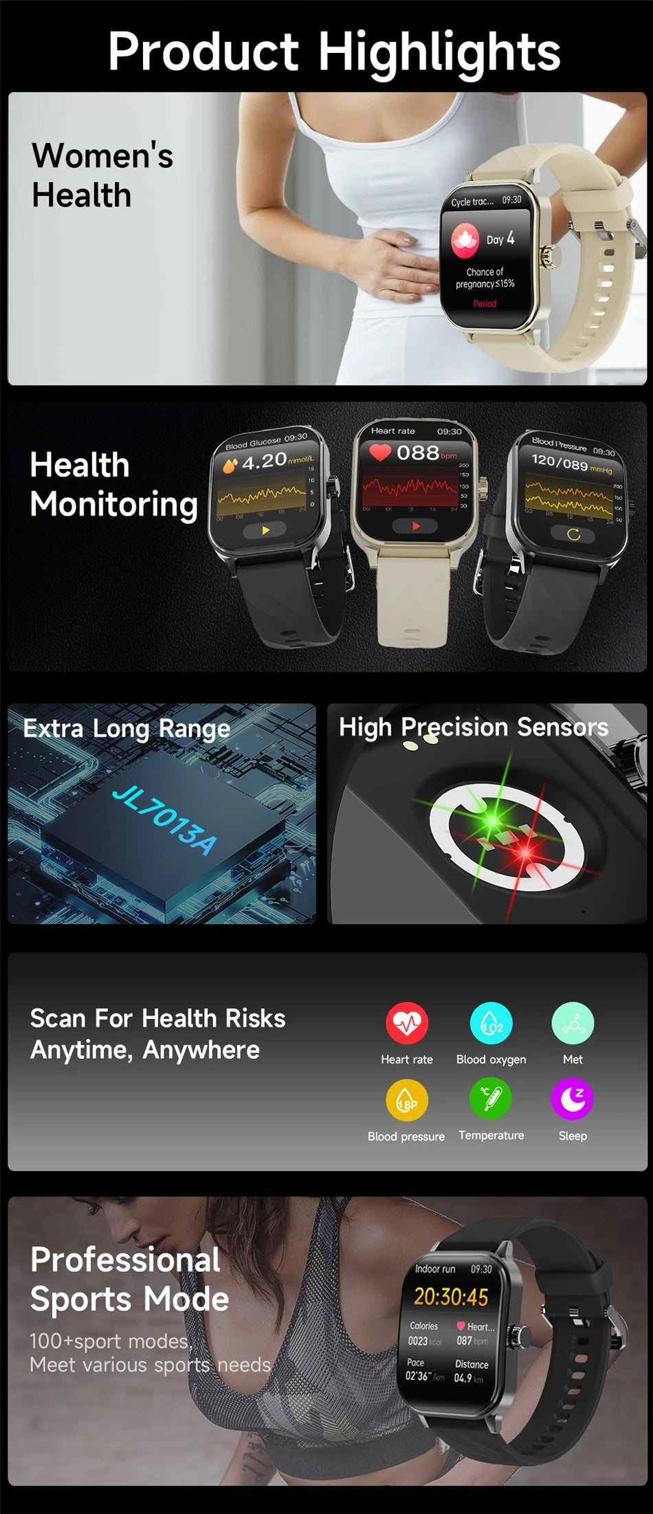 2024 New Smart Watches Men 3D Screen Blood Oxygen Health Temperature Monitor Bracelet Sports IP68 Waterproof Smartwatch For Men