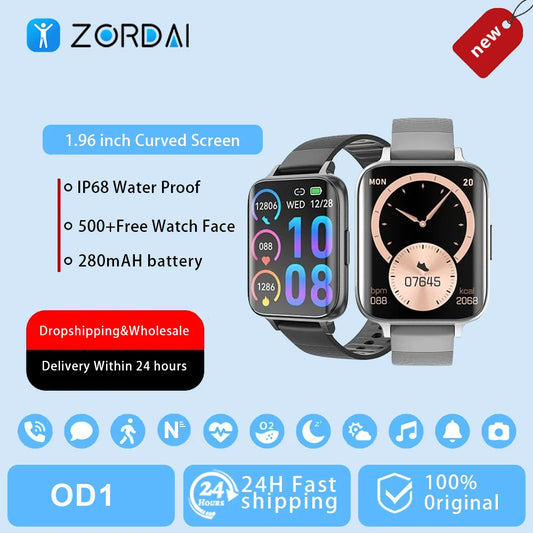 ZORDAI OD1 SmartWatch 1.96“HD Curved Screen Color Display Bluetooth Call Health and Fitness Tracking Smart Watch for Men Women