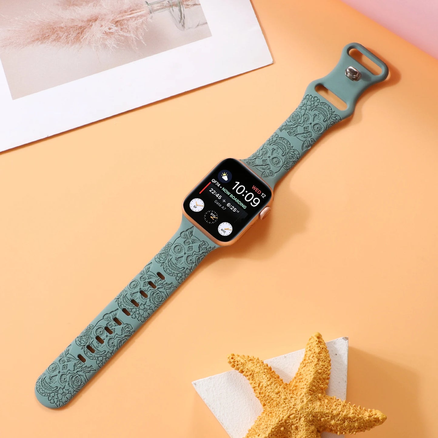 Skull Engraved Strap For Apple Watch Band Ultra 2 49mm 45 44 40 41 42 38mm Floral Silicone Bracelet For iWatch Series 8 9 765 SE