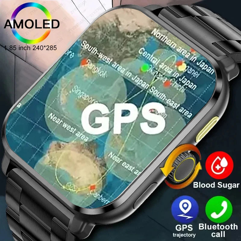 GPS Sport Tracker For Android AMOLED Smart Watch Men Blood Sugar Bluetooth Call IP68 Waterproof Women Smartwatch Clock 2024 New