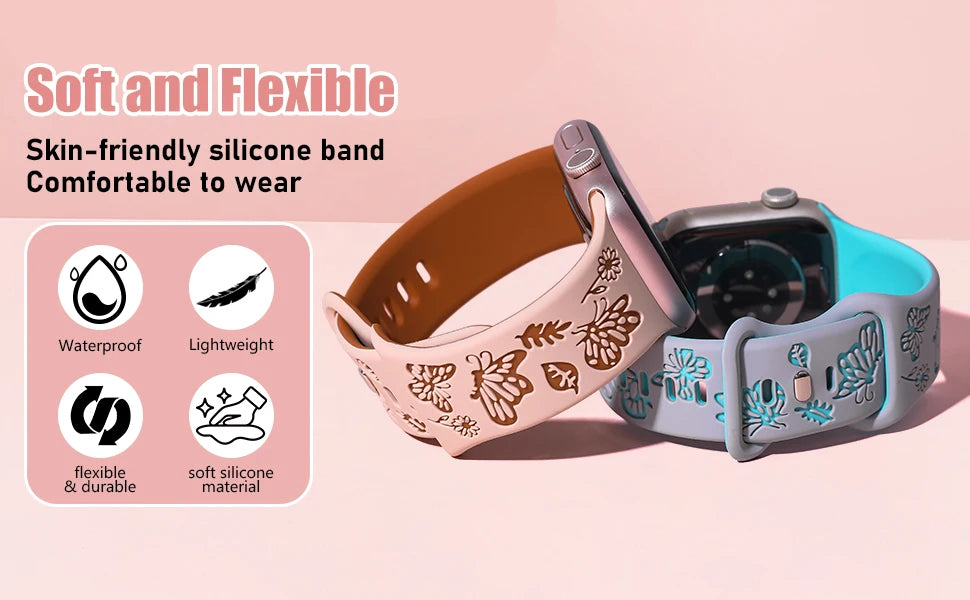 Strap For Apple Watch Band 45mm 44mm 49mm 40mm 41mm 38mm 42MM Engraved Silicone Correa Bracelet Series 9 8 7 6 5 4 3 SE Ultra 2