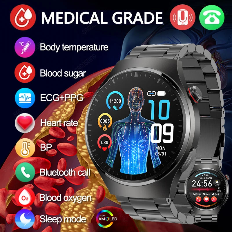 2024 Blood Sugar Smart Watch ECG+PPG Bluetooth Call 466*466 AMOLED 1.43 Inch Full Touch Screen Heart Rate Monitor Smartwatch Men