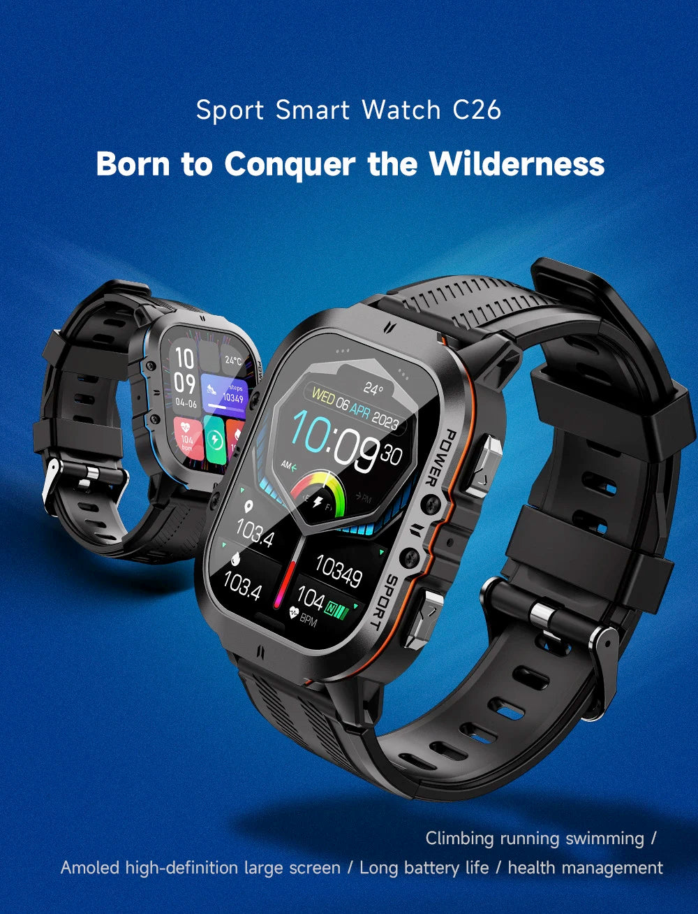 2024 New 1.96" AMOLED Men Outdoor Sports Smart Watch Blue Tooth Call Heart Rate 350Mah 1ATM Waterproof Watches Music Smartwatch