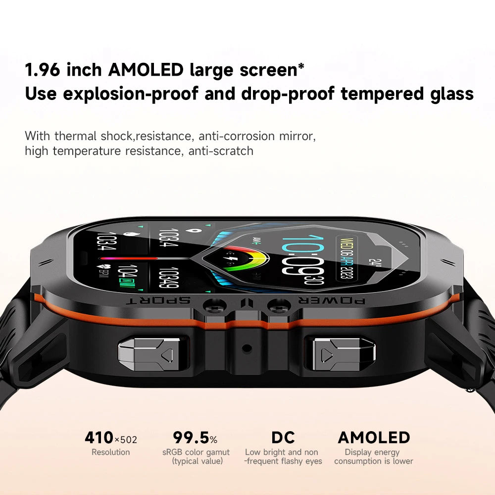 2024 New 1.96" AMOLED Men Outdoor Sports Smart Watch Blue Tooth Call Heart Rate 350Mah 1ATM Waterproof Watches Music Smartwatch