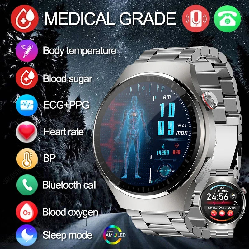 2024 New Health Blood Glucose Smart Watch Men ECG+PPG Bluetooth Call AMOLED Clock Waterproof Sport Smartwatch For Huawei Xiaomi