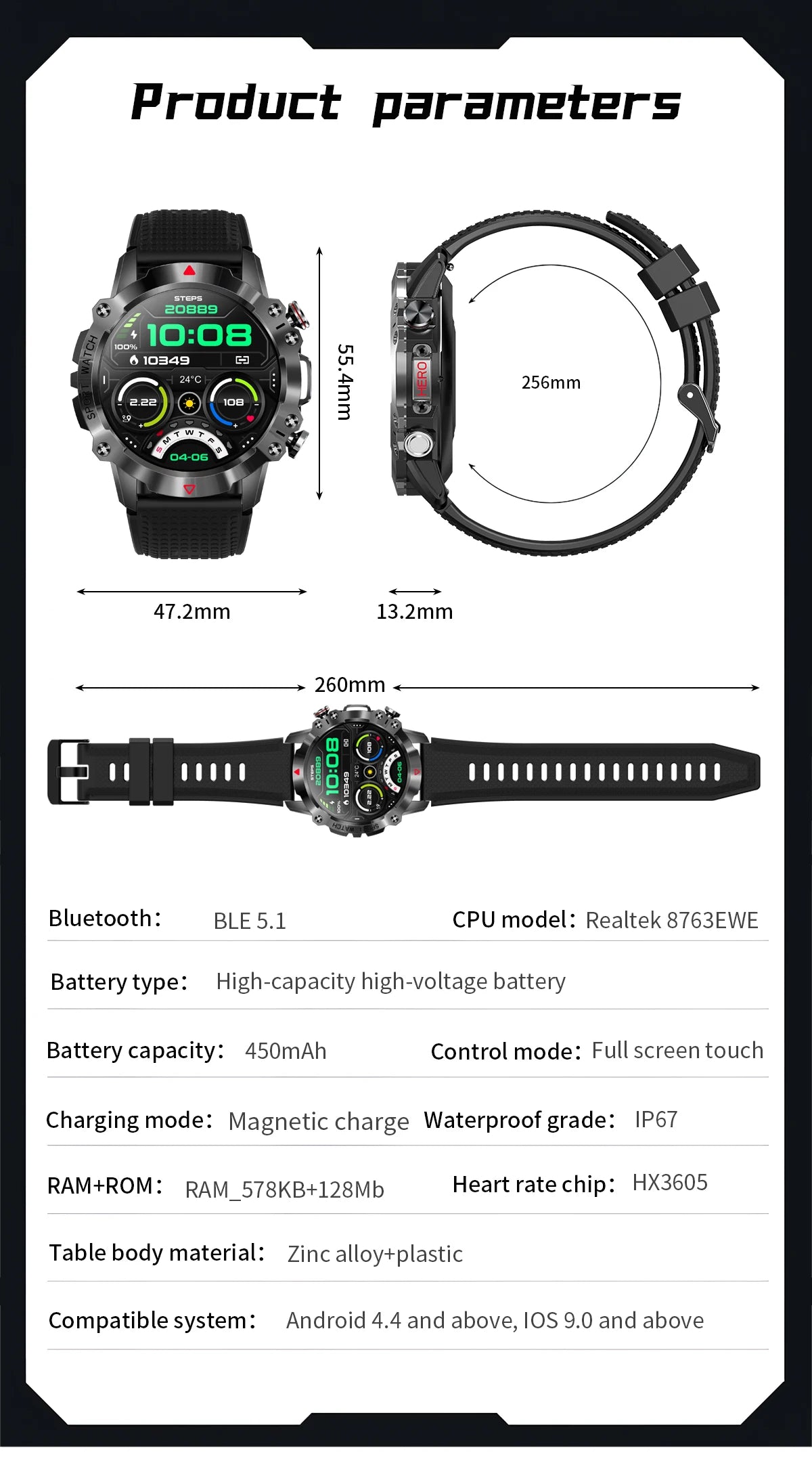 IP67 Waterproof Smart Watches Bluetooth Call Smartwatch Men 1.39 Inch 360*360 HD Screen 100+ Sport Mode for Android IOS 2024