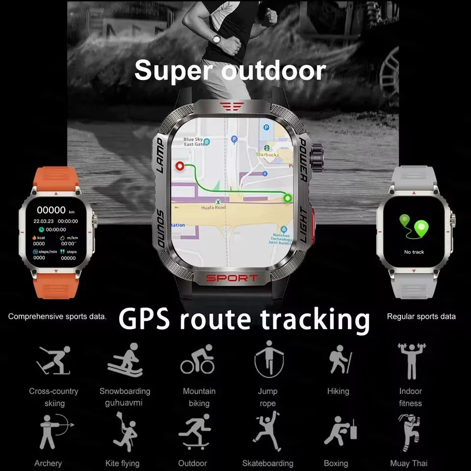 Military Sports GPS Smartwatch Men Flashlight Compass Altitude Pressure Fitness 3ATM Waterproof Bluetooth Call Smart Watch 2024