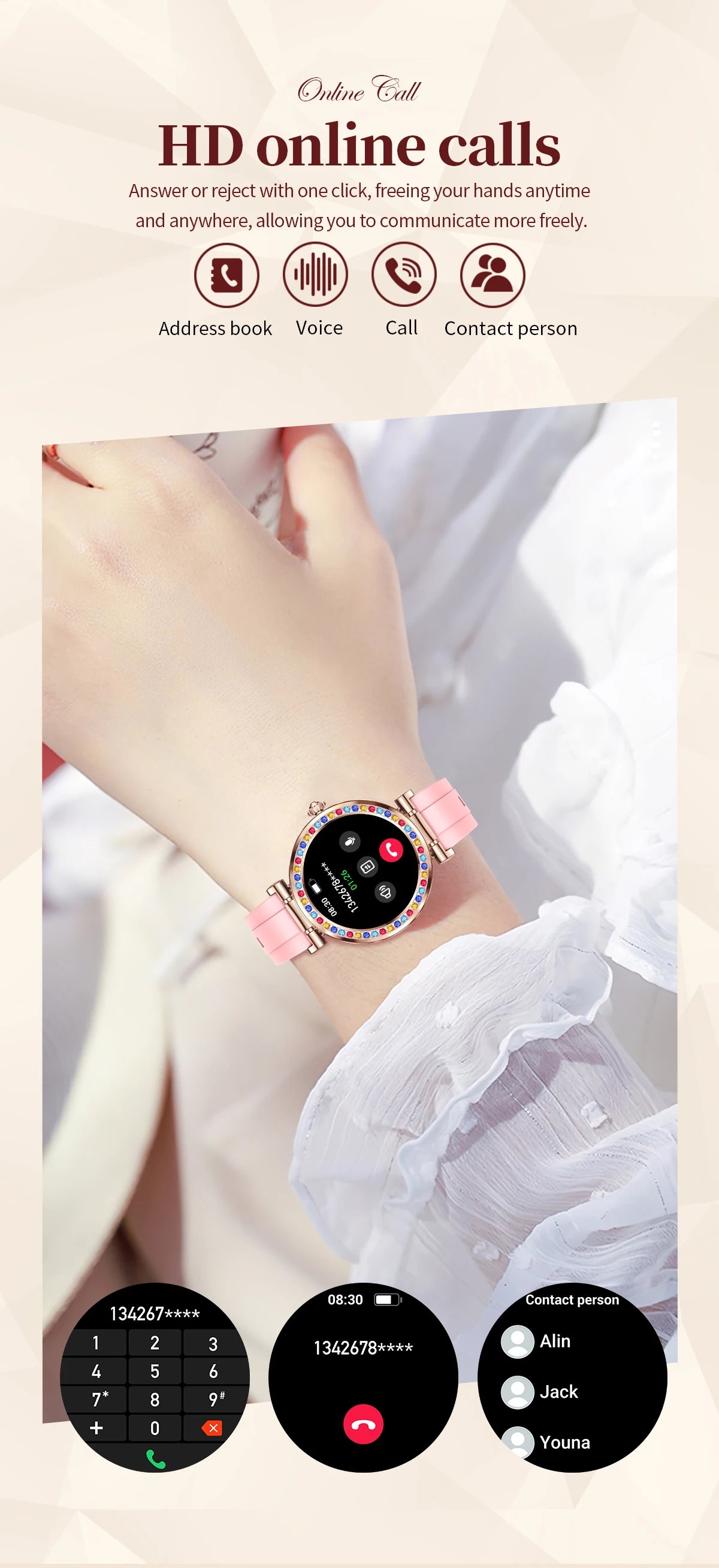 2024 Fashion Smart Watch for Women Lady Health Monitoring 1.27inch Screen IP67 Waterproof BT Calling Diamond Fashion Smartwatch