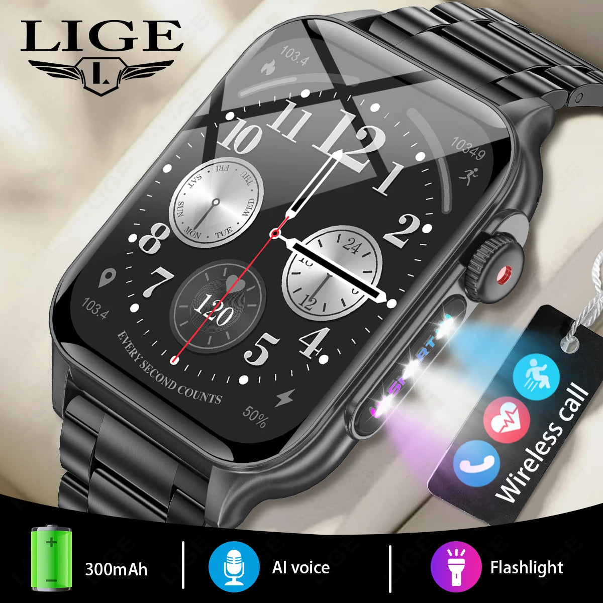 LIGE 2024 LED Flashlight Outdoor Sports Smartwatch 1.96'' HD Screen Bluetooth Call Waterproof Men Smart Watches Health Bracelets