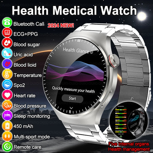 2024 New Micro Physical Examination Blood Lipids Uric Acid Blood Glucose Smart Watch Men ECG+PPG Clock Bluetooth call Smartwatch