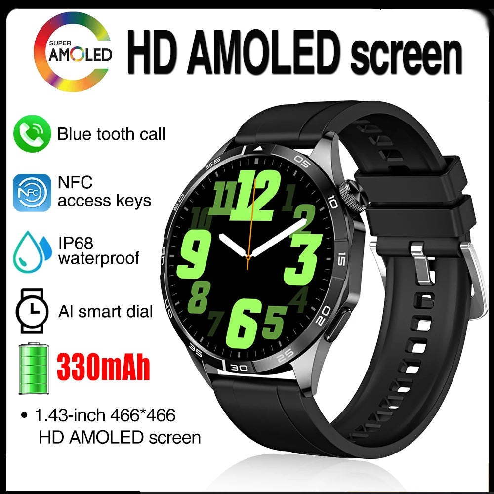 2024 Smartwatch Men NFC 1.43" AMOLED 466*466 HD Screen Always Displays Blue Tooth Call Smartwatch Fitness Sports Waterproof