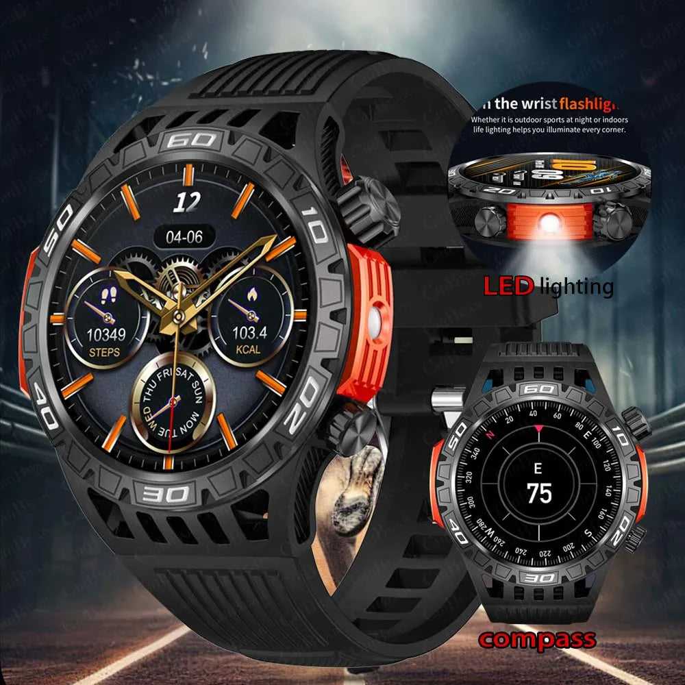 2024 Outdoor Military Men Smart Watch Compass Bluetooth Call 1.46 inch 360*360 HD Screen With LED Flashlight Sports SmartWatch