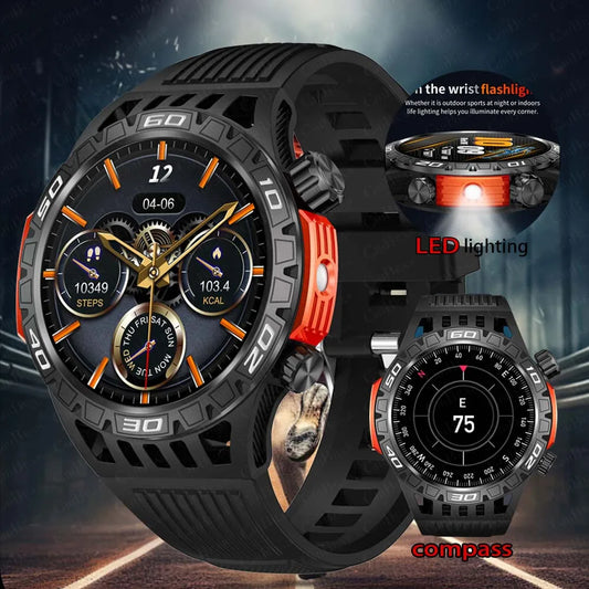 2024 Outdoor Military Men Smart Watch Compass Bluetooth Call 1.46 inch 360*360 HD Screen With LED Flashlight Sports SmartWatch