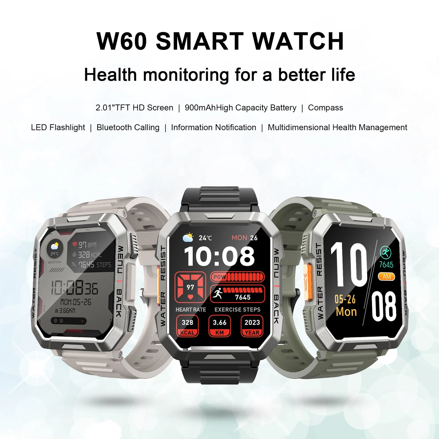 Blackview W60 2024 New Smartwatch 2.01'' HD Display TFT Rugged Smart Watch for Outdoor With Emergency Lighting Bluetooth Calling