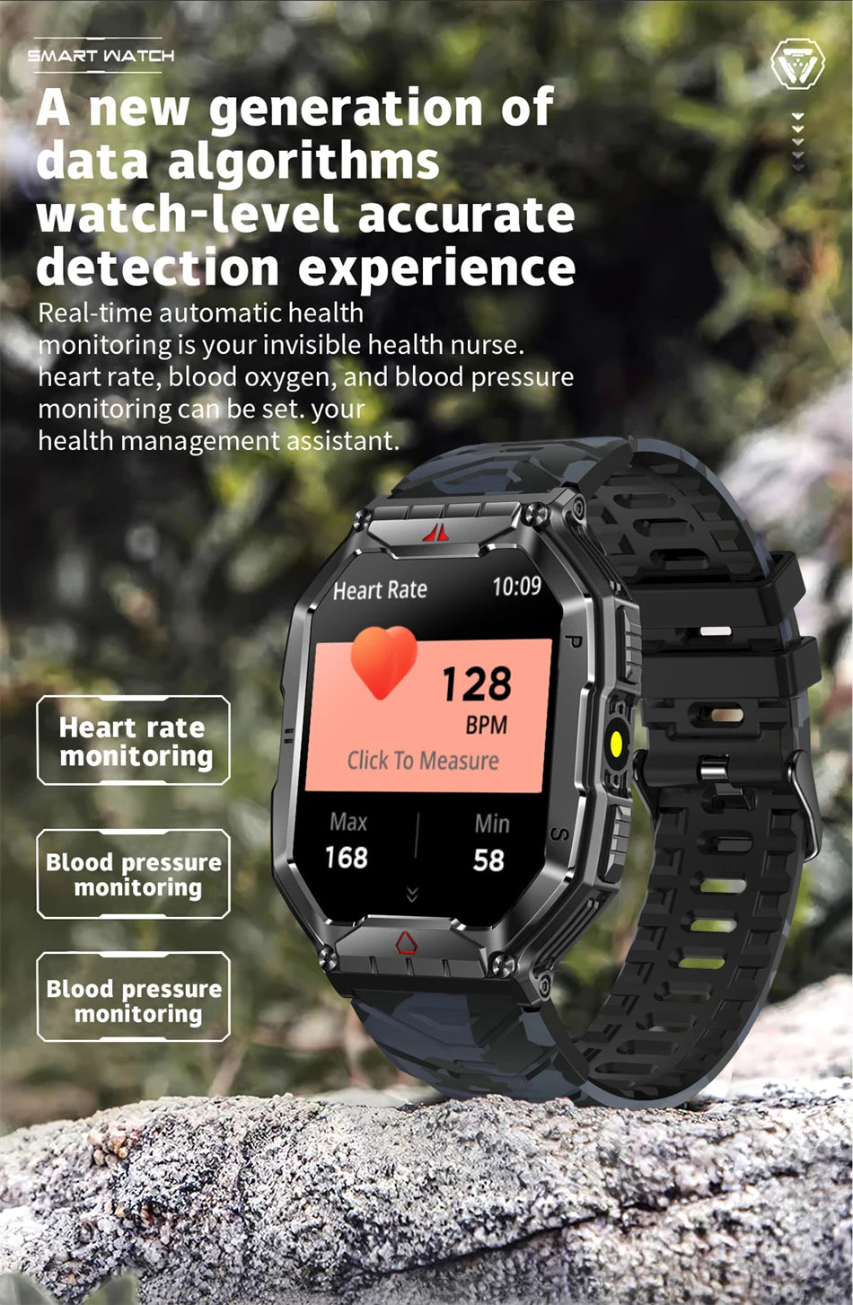 2024 New Rugged Military With LED Flashlight Smart Watch Men Heart Rate Bluetooth Call Waterproof Outdoor SmartWatch For Xiaomi