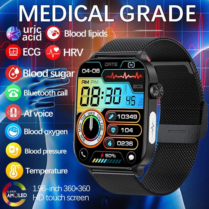 2024 New ECG+PPG Uric Acid Non-Invasive Blood Sugar Smartwatch Men Bluetooth Call Heart Rate Blood Pressure Smart Watch Women