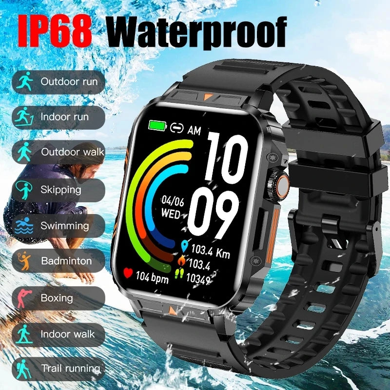 2024 New 1.95" Outdoor Fitness Military Smart Watch Men IP68 Waterproof HD Bluetooth call Heart rate Smartwatches For Xiaomi IOS