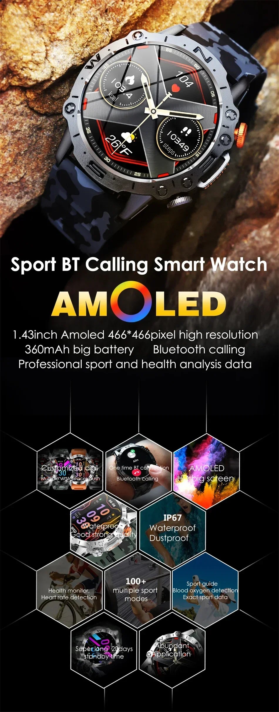 2024 Men Smart Watch AMOLED 466*466 1.43 inches 380mAh Bluetooth Call Fitness Tracker Custom Dial Heart Rate Sport Smartwatch