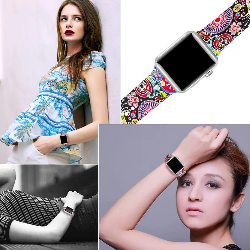 Printed Strap For Apple Watch 9 41mm 45mm Ultra 2 49mm Silicone Band For iWatch SE 8 7 6 38mm 42mm 40mm 44mm Wristband Bracelet