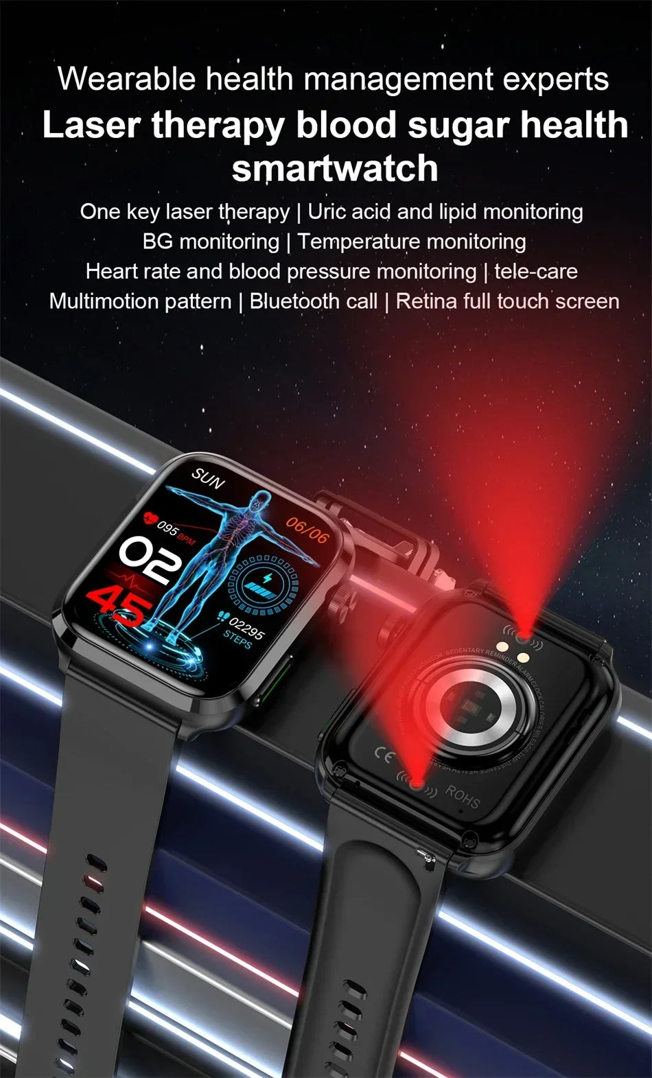 2024 New Laser Therapy Uric Acid Non invasive Blood Glucose Smart Watch Men Bluetooth Call Blood Lipid Blood Oxygen Smartwatch