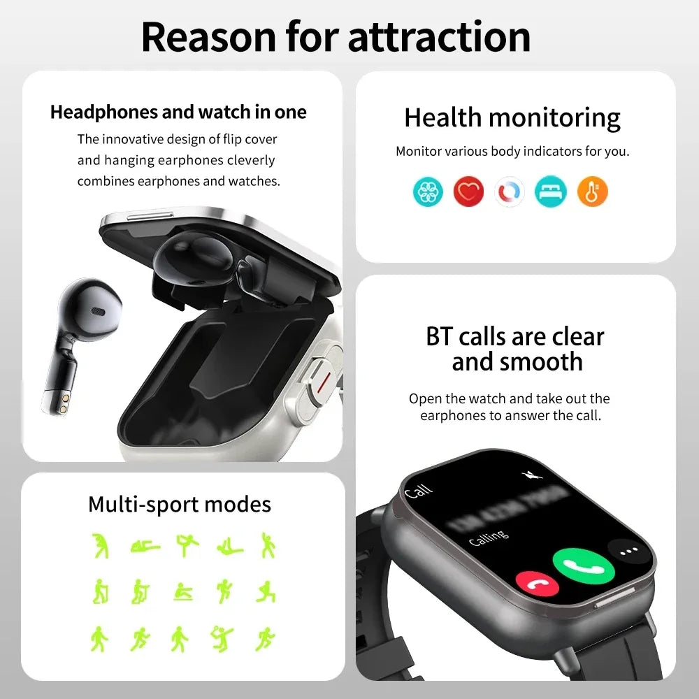 D8 NFC Smart Watch Bracelet 2 in 1 TWS Wireless Earbuds 2.01Inch Heart Rate Blood Pressure Sports Waterproof Smartwatch 2024 New