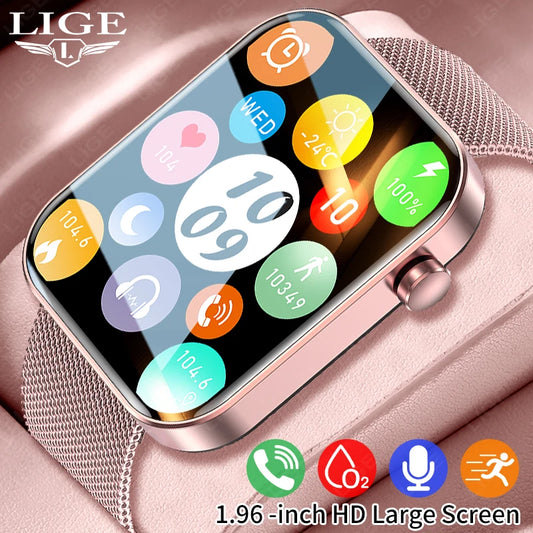 LIGE 2024 Newest 1.96'' HD Screen Smart Watches Women Smart Bracelet Ladies Bluetooth Call Fitness Watch Female Sport Wristwatch