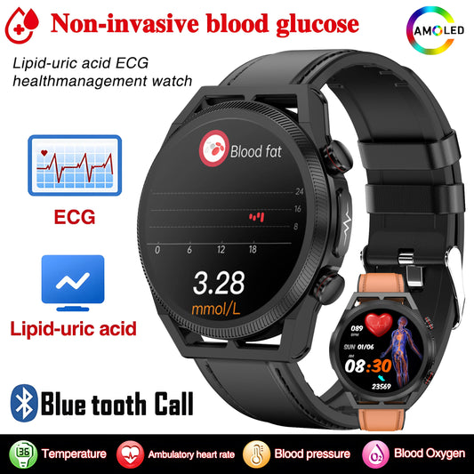 2024 New ECG+PPG AI Medical Diagnosis Uric Acid Non invasive Blood Glucose Smart Watch Men Bluetooth Call Blood Lipid Smartwatch