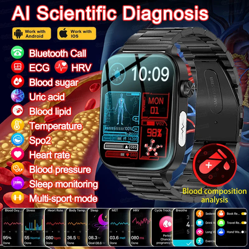 2024 New AI Medical Diagnosis Smart Watch Men Micro examination ECG+PPG+HRV Blood Sugar Blood Lipids Uric Acid Health Smartwatch