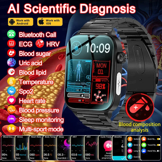 2024 New AI Medical Diagnosis Smart Watch Men Micro examination ECG+PPG+HRV Blood Sugar Blood Lipids Uric Acid Health Smartwatch