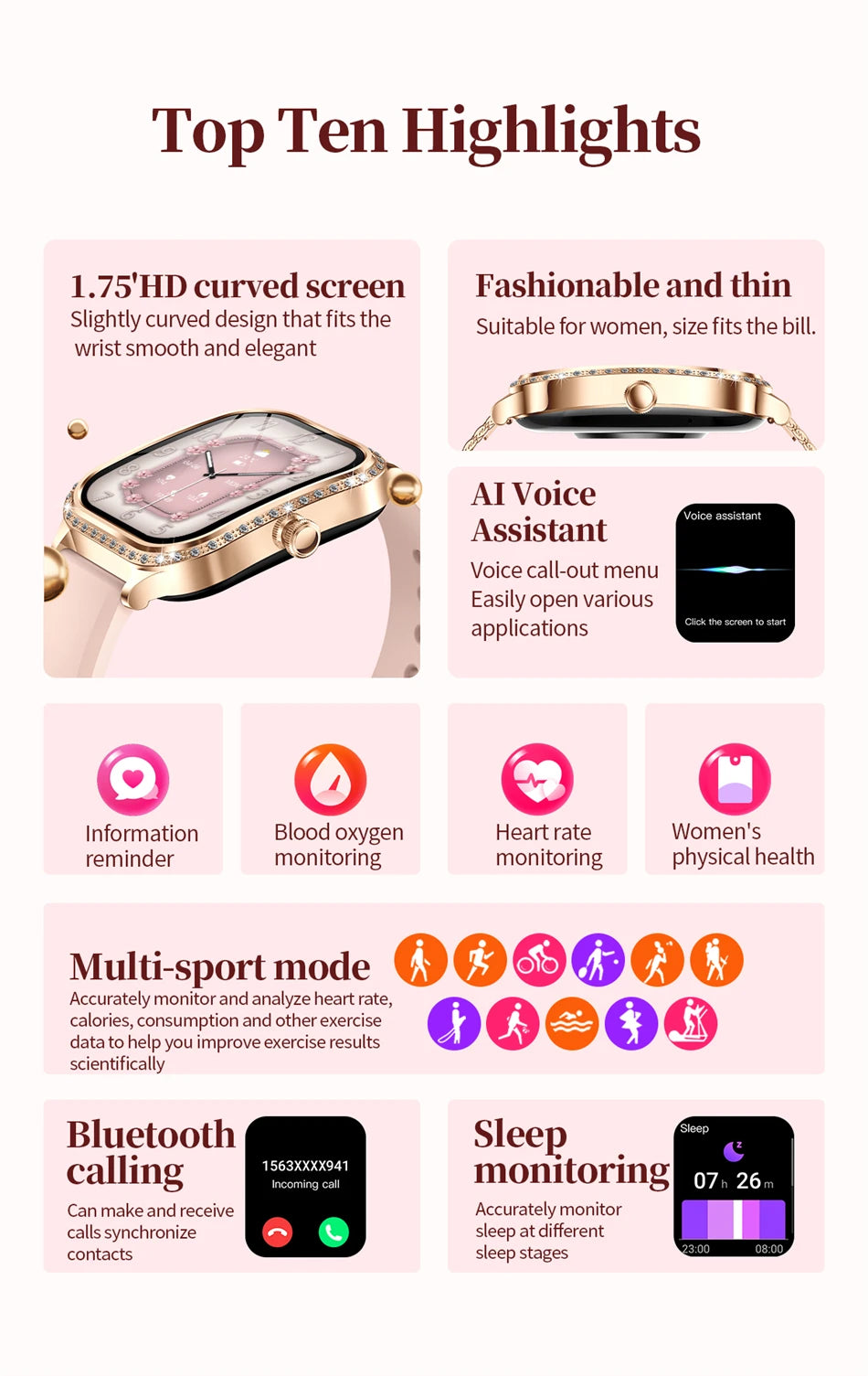 2024 Smart Watch Woman Sport Fitnes AI Voice Control Full Touch Bracelet Bluetooth Call Waterproof For Fashion Ladies Smartwatch