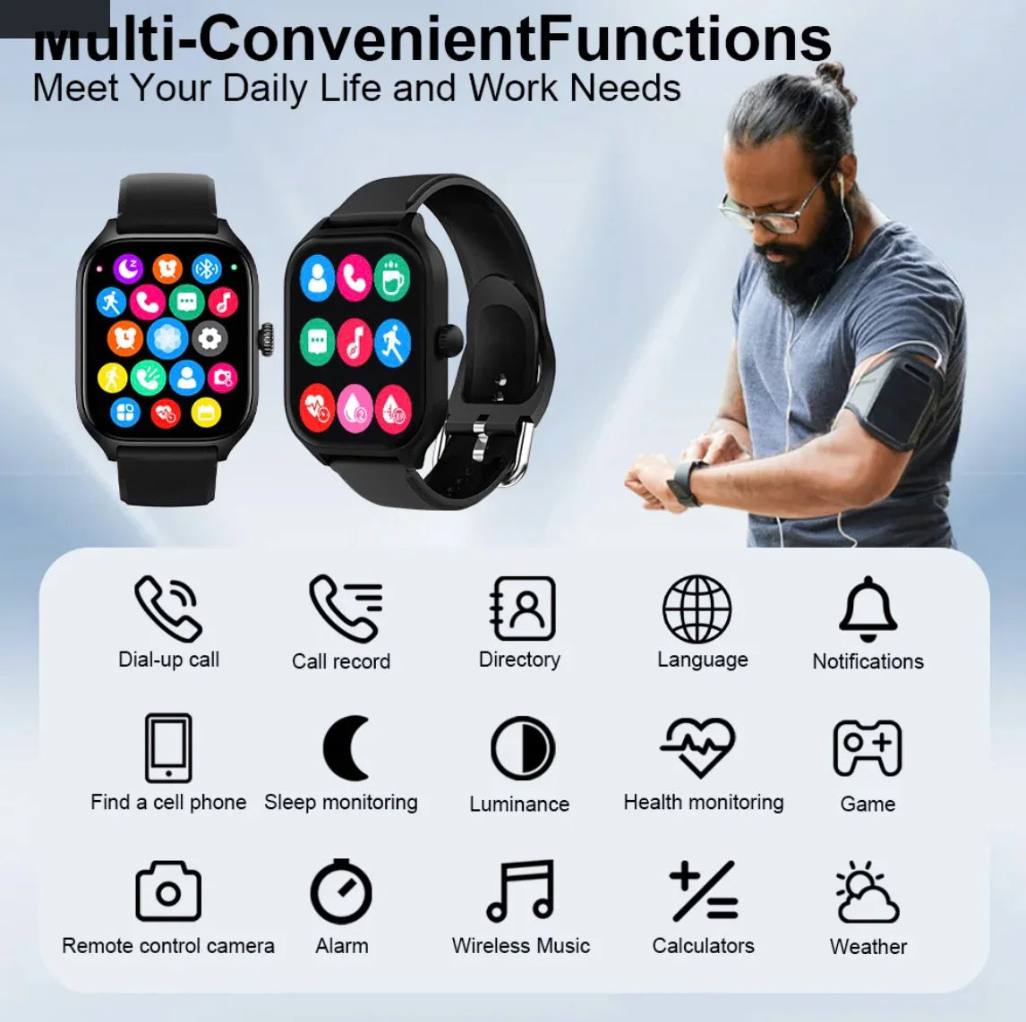 Smart Watch Men Women Gifts 2.01'' Full Touch Screen Sport Fitness Tracker Smartwatch BT Call Digital Wristwatch for Android IOS