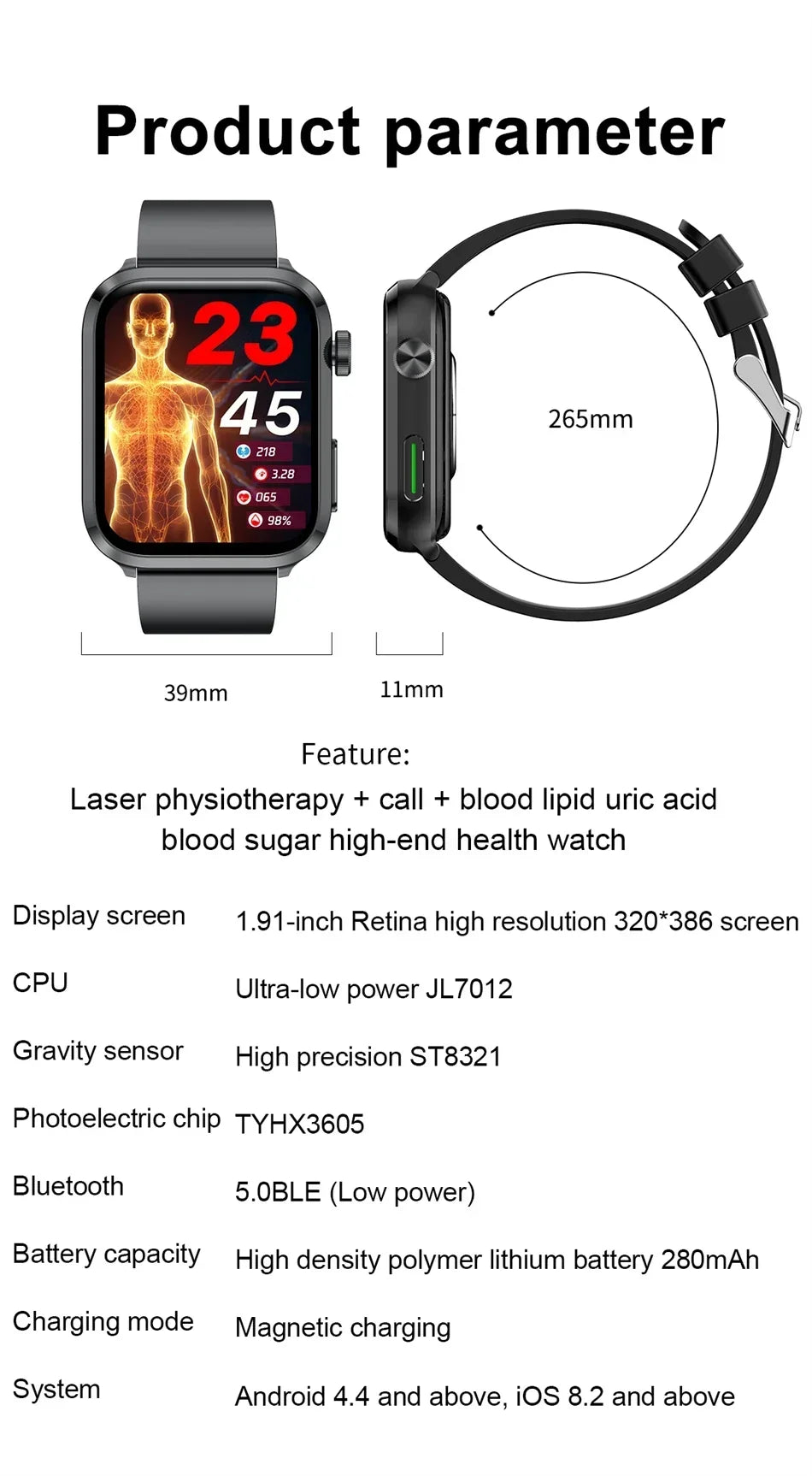 2024 New Laser Therapy Uric Acid Non invasive Blood Glucose Smart Watch Men Bluetooth Call Blood Lipid Blood Oxygen Smartwatch