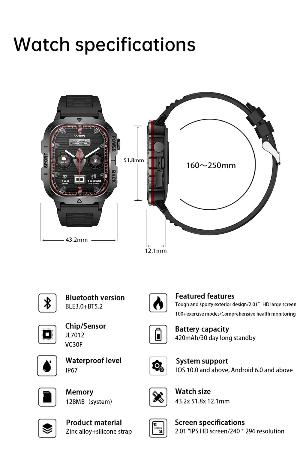 2024 Outdoor Smart Watch Men 2.01" Screen 3ATM Waterproof Watches Bluetooth Call Ai Voice Sport Smartwatch for Android IOS Phone