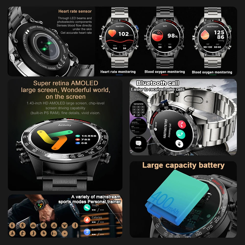 Always show time 2024 New Smart Watch 1.43"AMOLED Display Bluetooth Phone Call Smartwatch Monitor IP68 Waterproof Fitness Watch