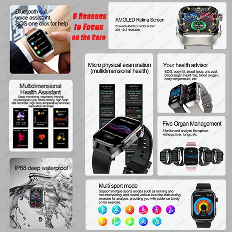 2024 New ECG+PPG Medical Grade Smart Watch Men Blood Glucose Blood Lipid Uric Acid Monitoring Bluetooth Call Health Smartwatches