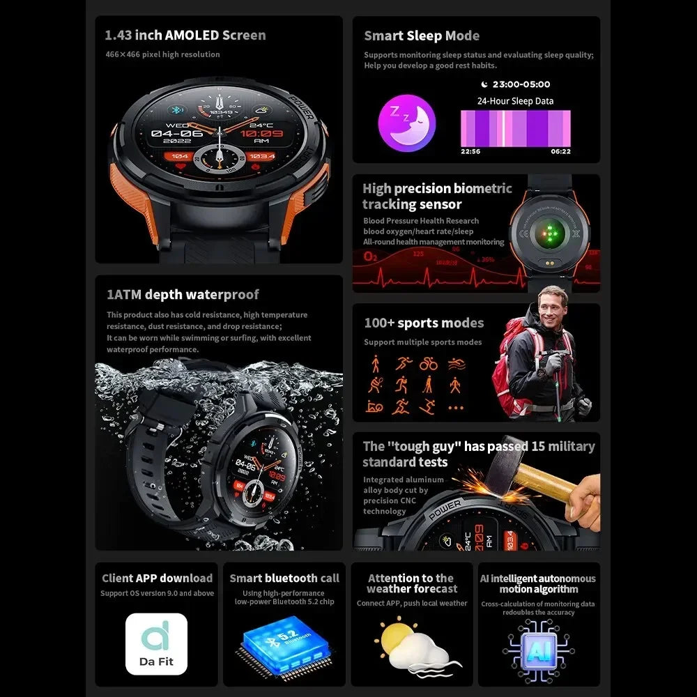 Rugged Outdoor Military 1ATM Waterproof Watches Sports Bluetooth Smartwatch For Men Smart Watch 2024 New Clock For Xiaomi Huawei