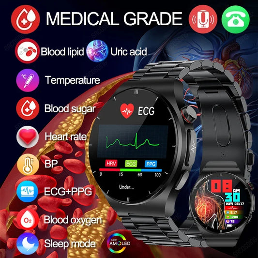 AI Medical Diagnosis ECG PPG Smart Watch Blood Sugar Blood Lipid Uric Acid Monitor Bluetooth Call Smartwatch for Men Women 2024