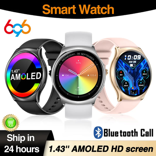 Men Women 1.43" AMOLED Screen Blue Tooth Call Smart Watch Heart Rate Waterproof 100+ Sport Modes Watches Music 2024 Smartwatch