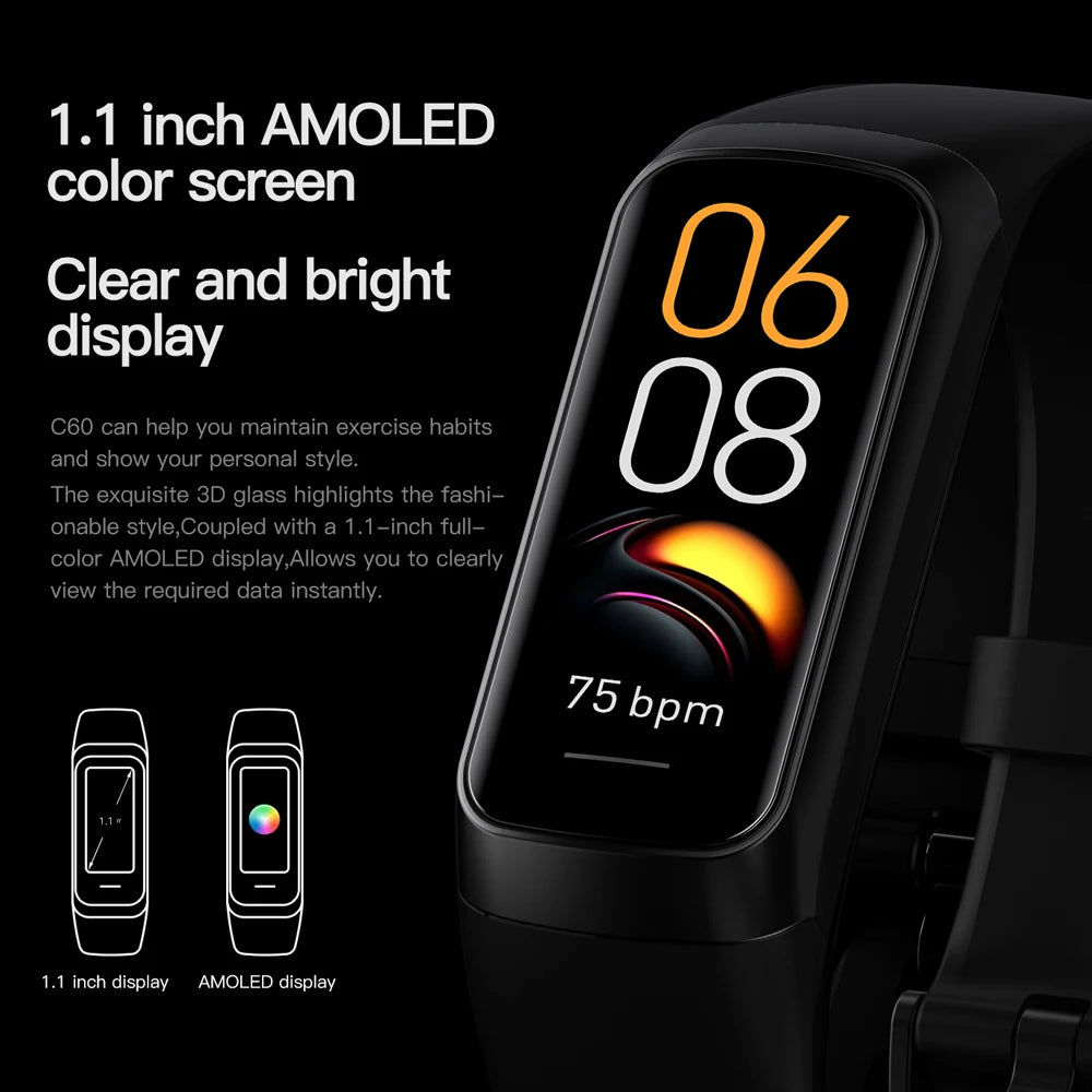 2024 New C60 AMOLED Smart Watch For Man Woman Heart Rate Sport Fitness Tracker 1.1inch SmartBand Bluetooth Call Fashion Bracelet