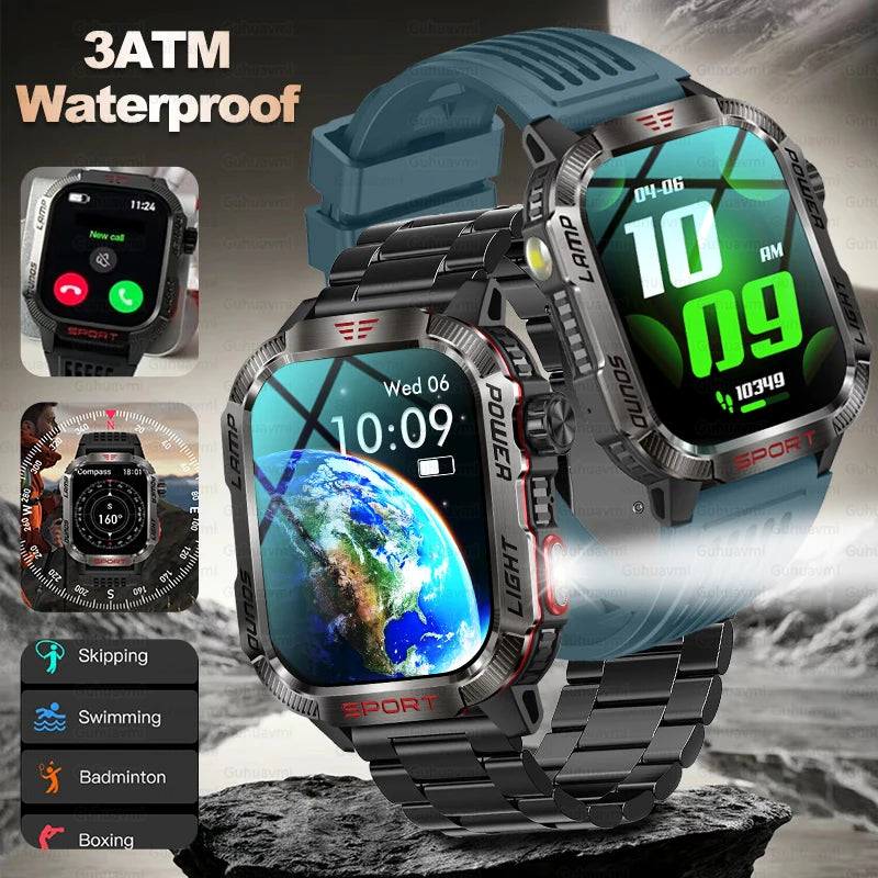 2024 New Military Rugged Outdoor Smartwatch Men 600Mah Sports Fitness Tracker IP68 Waterproof Compass Bluetooth Call Smartwatch